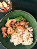 Sesame Oil Chicken with Shiitake, Leafy Greens & Rice